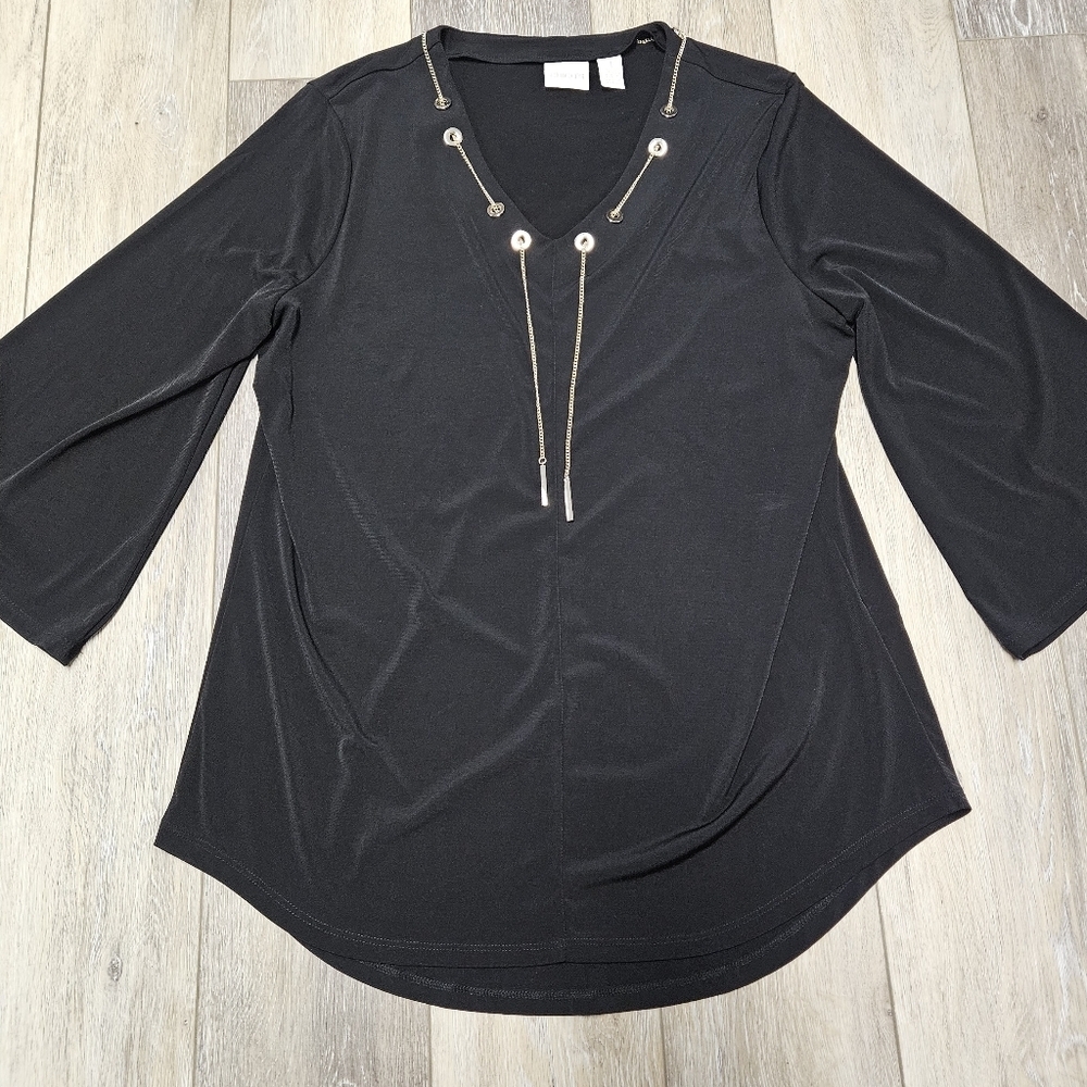 Chicos 3/4 Bell Sleeve Gold Chain V Neck Top Blouse Black Women's Medium 1